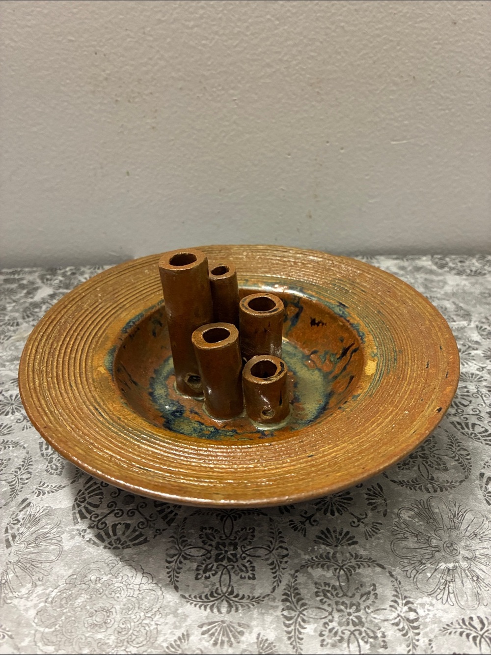 Handmade Ceramic Multi-Tube Flower Frog in Rustic Brown